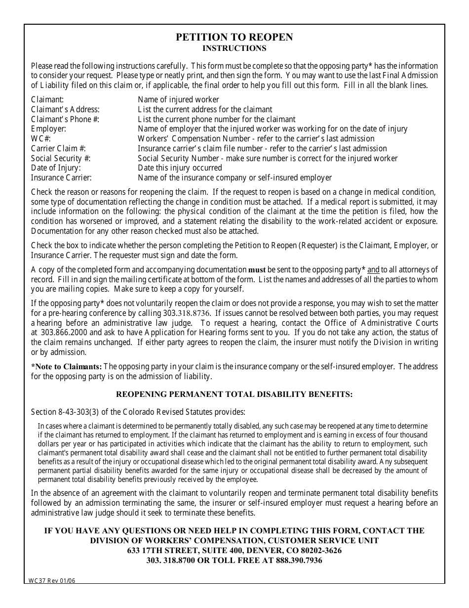 Form WC37 Petition to Reopen - Colorado, Page 5