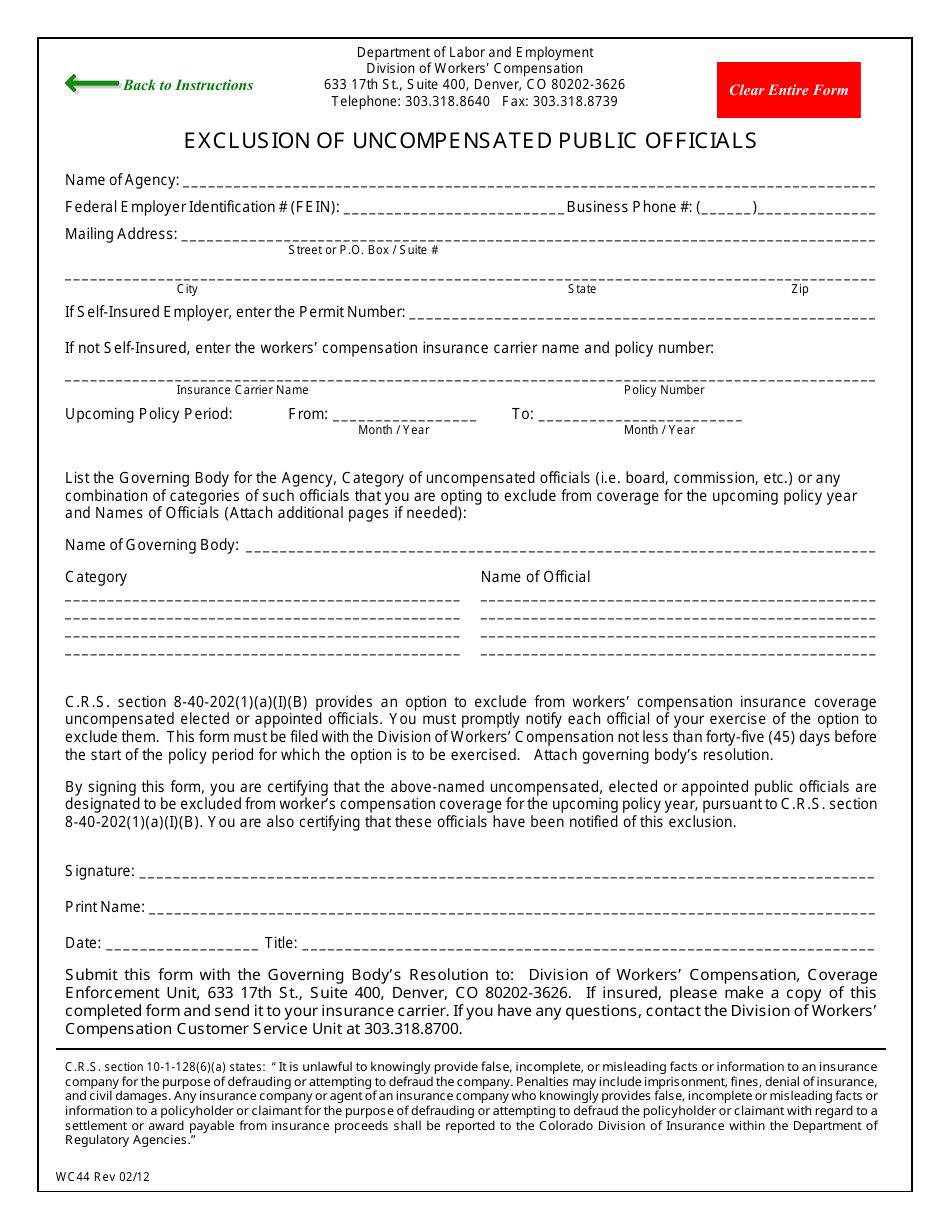 Form WC44 Exclusion of Uncompensated Public Officials - Colorado, Page 3