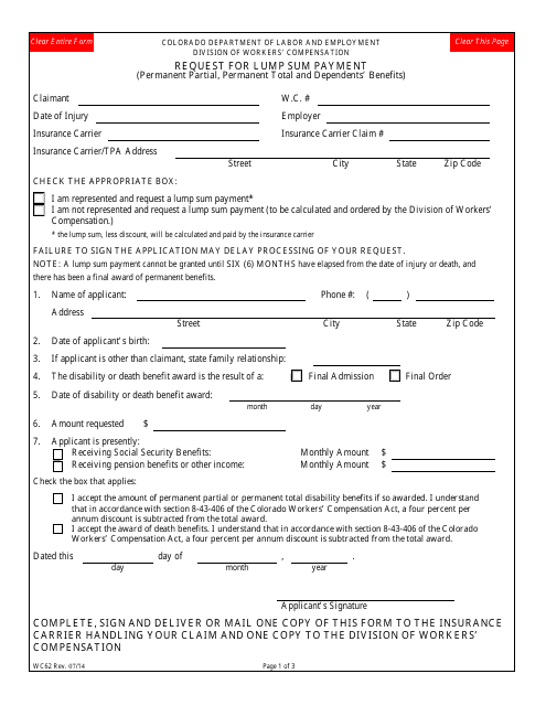 Form WC62 Request for Lump Sum Payment - Colorado