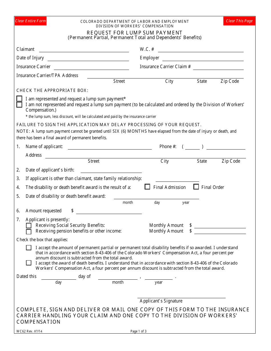 Form WC62 Request for Lump Sum Payment - Colorado, Page 1