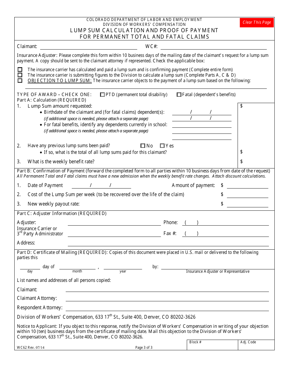 Form WC62 Request for Lump Sum Payment - Colorado, Page 3