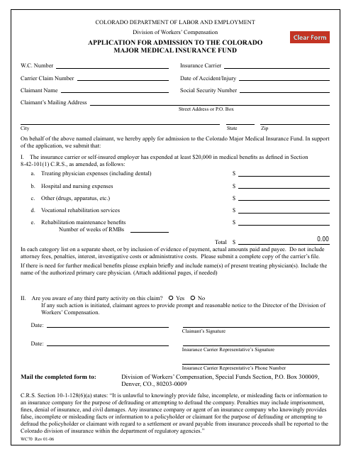 Form WC70 Application for Admission to the Colorado Major Medical Insurance Fund - Colorado