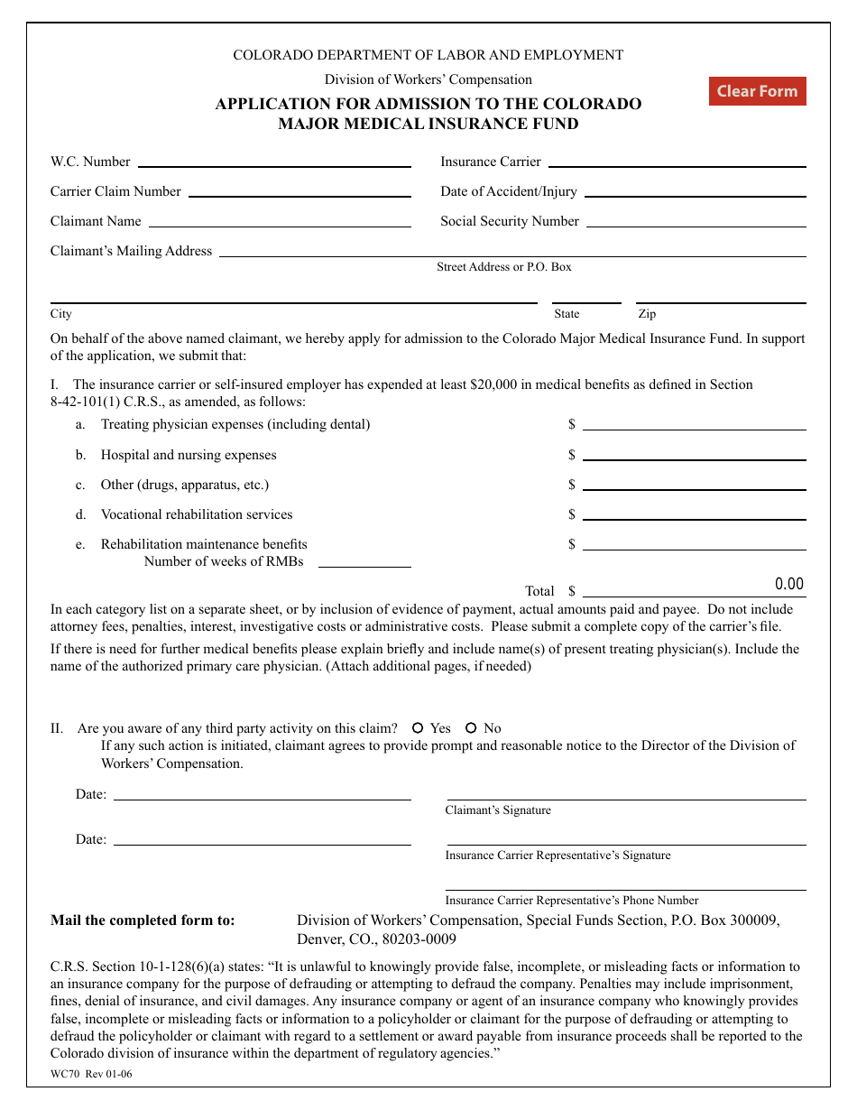 Form WC70 Application for Admission to the Colorado Major Medical Insurance Fund - Colorado, Page 1