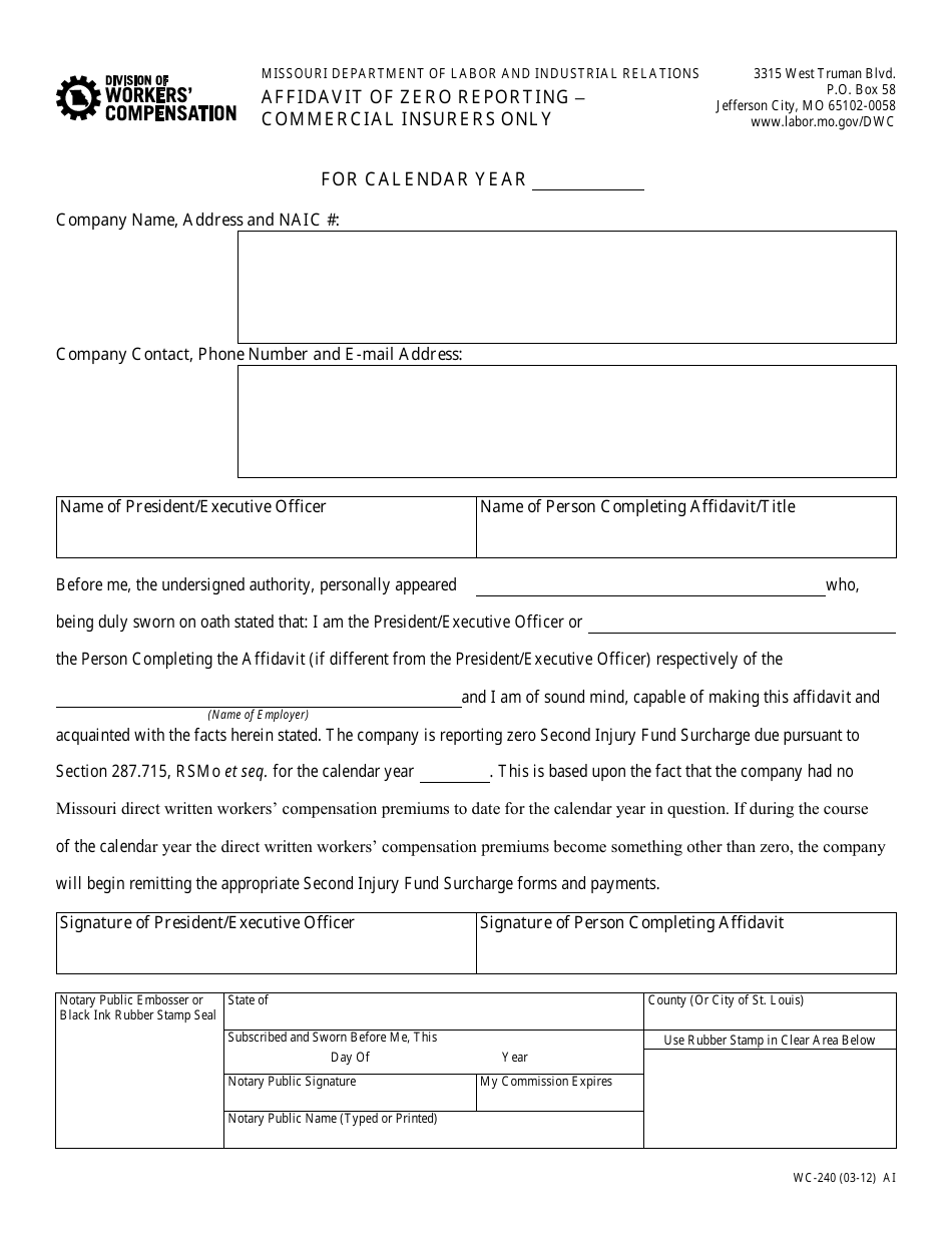 Form WC-240 Affidavit of Zero Reporting - Commercial Insurers Only - Missouri, Page 1