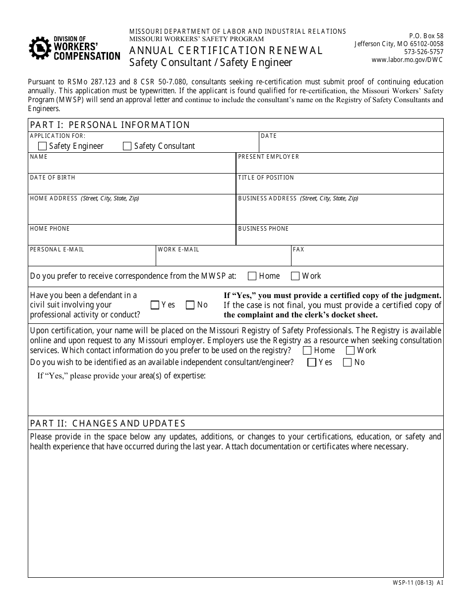 Form WSP-11 Annual Certification Renewal - Safety Consultant / Safety Engineer - Missouri, Page 1