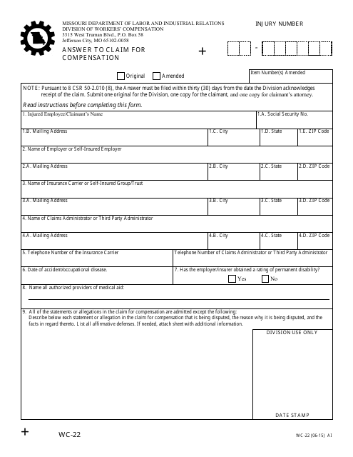 Form WC-22 Answer to Claim for Compensation - Missouri