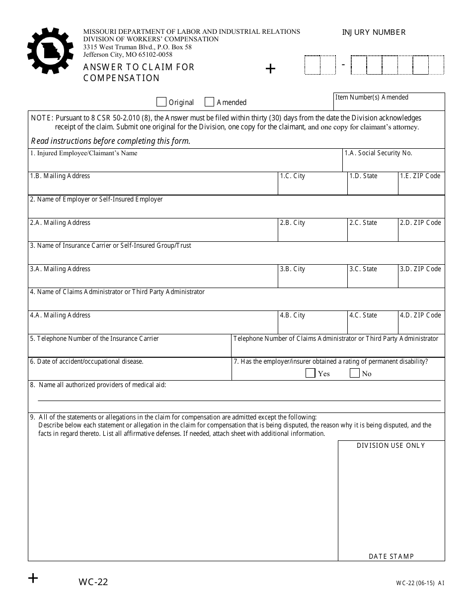 Form WC-22 Answer to Claim for Compensation - Missouri, Page 1