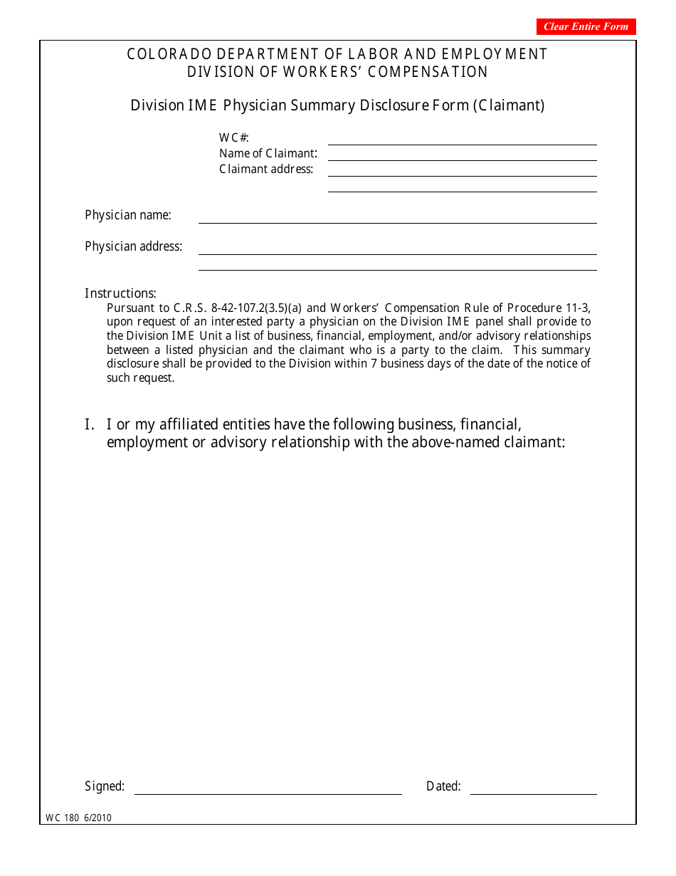 Form WC180 Division Ime Physician Summary Disclosure Form (Claimant) - Colorado, Page 1