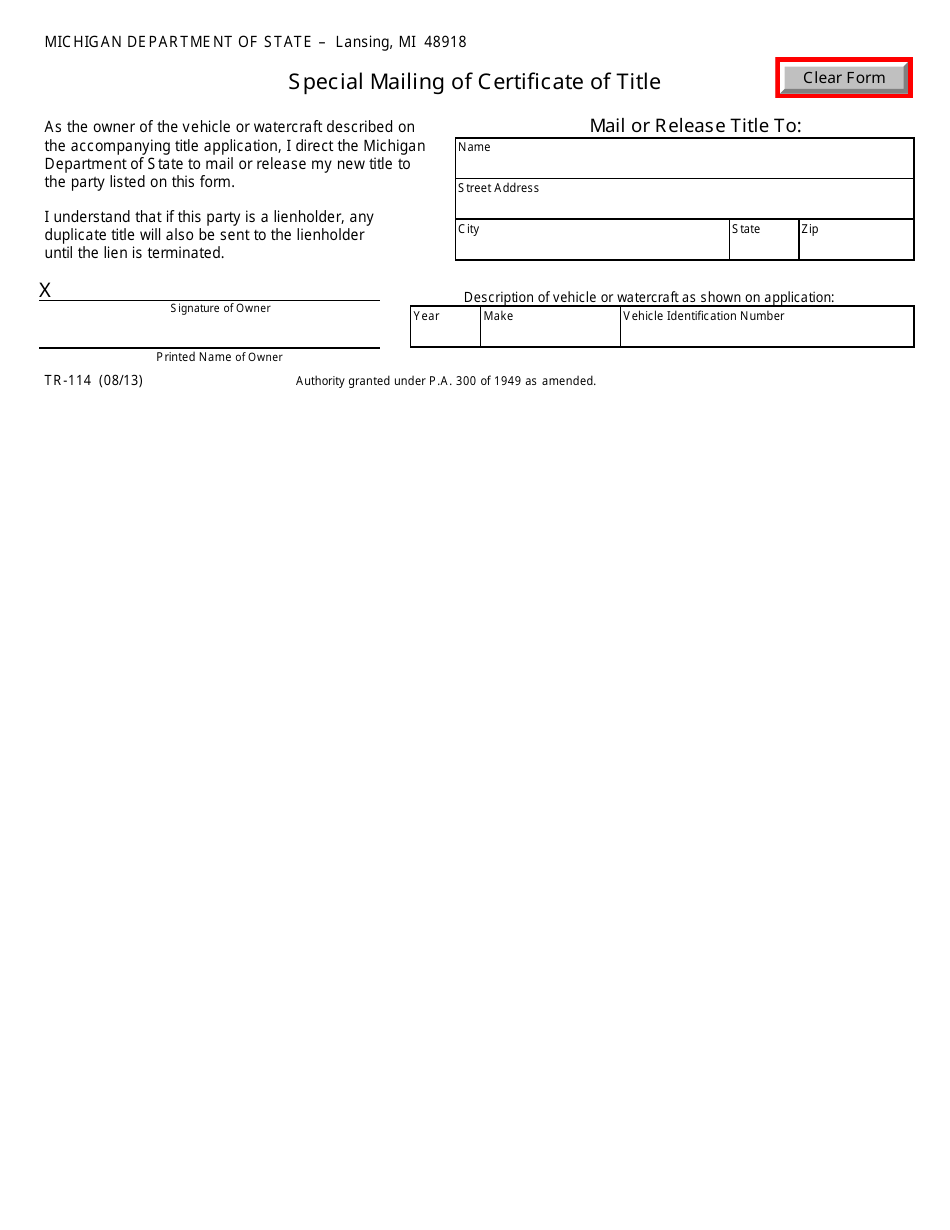 Form TR-114 Special Mailing of Certificate of Title - Michigan, Page 1