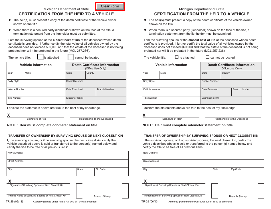 Form TR29 Fill Out, Sign Online and Download Fillable PDF, Michigan