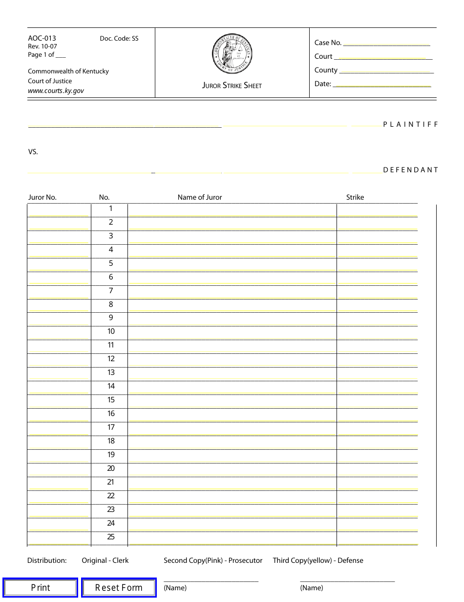 Form AOC-013 Juror Strike Sheet - Kentucky, Page 1