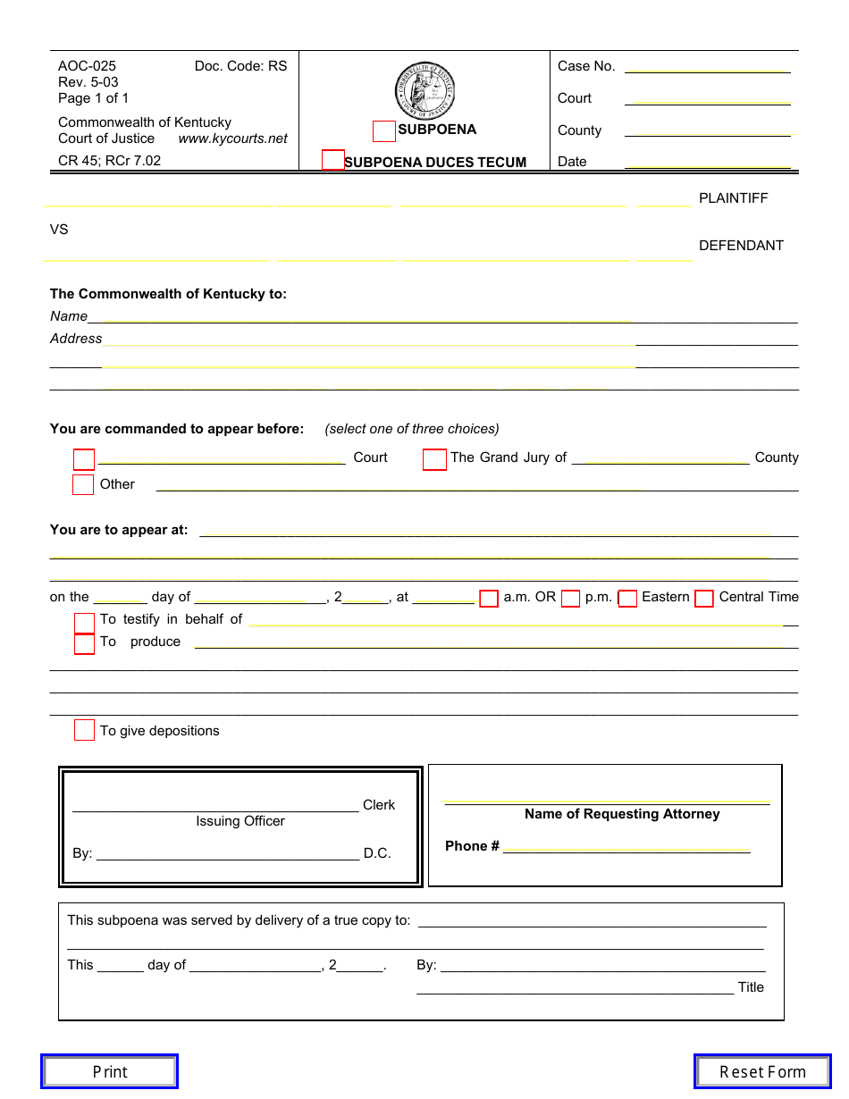 Form AOC-025 Subpoena / Subpoena Duces Tecum - Kentucky, Page 1