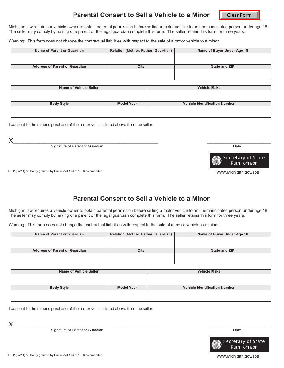 Form B-32 Parental Consent to Sell a Vehicle to a Minor - Michigan, Page 1