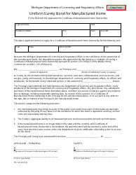 Document preview: Form TR-122 Uniform Surety Bond for Manufactured Home - Michigan