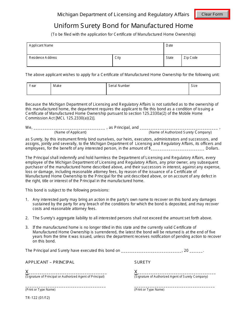 Form TR-122 Uniform Surety Bond for Manufactured Home - Michigan, Page 1
