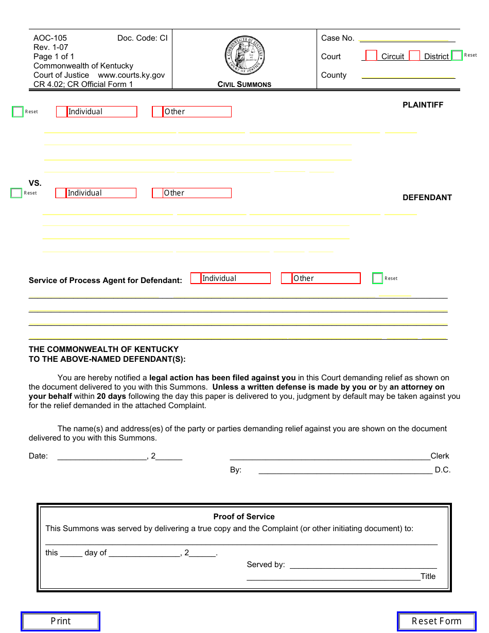 Form AOC-105 Civil Summons - Kentucky, Page 1