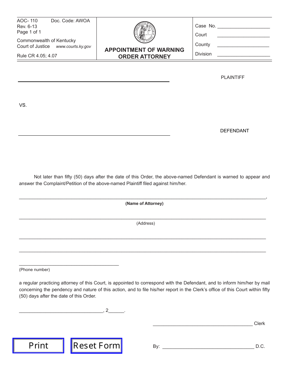Form AOC-110 Appointment of Warning Order Attorney - Kentucky, Page 1