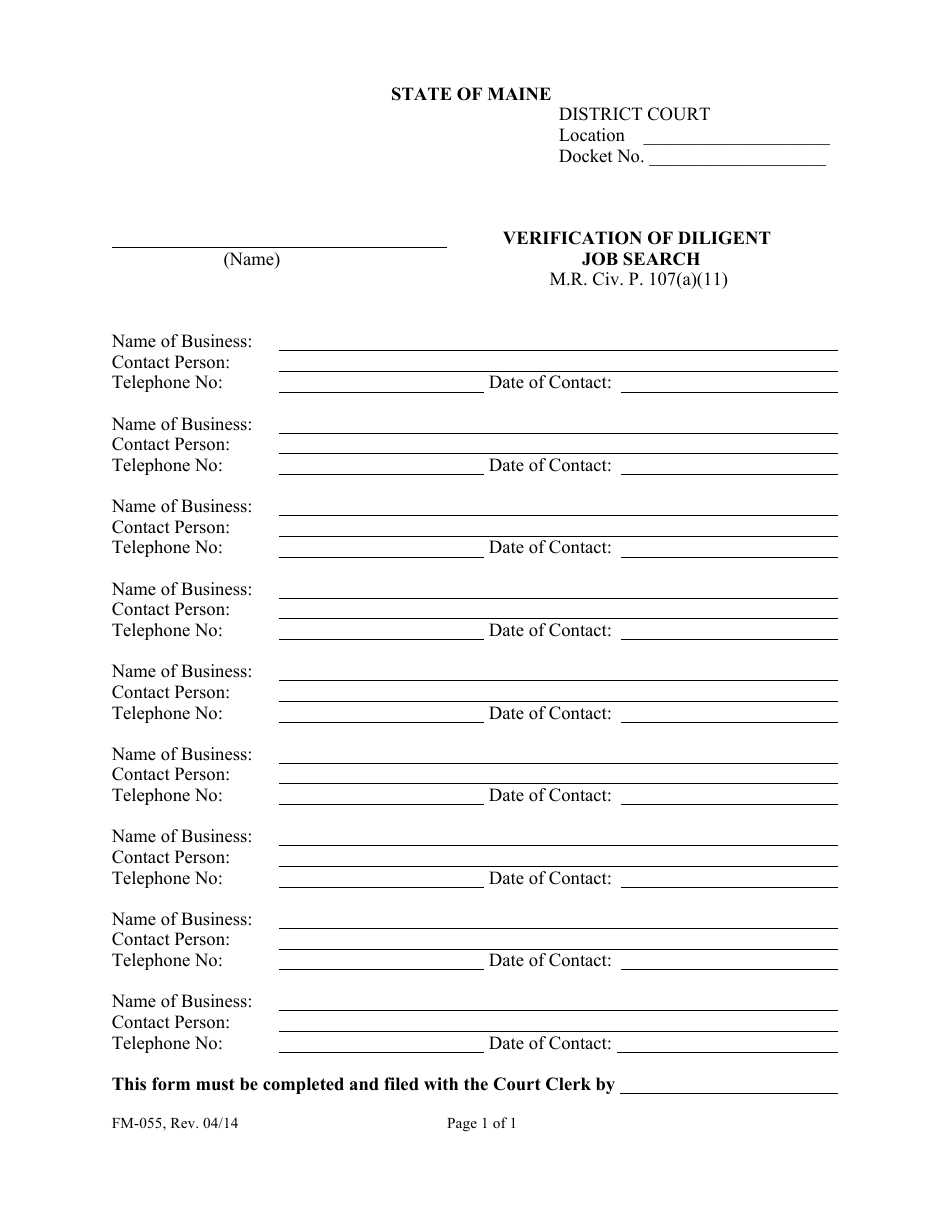 Form FM-055 Verification of Diligent Job Search - Maine, Page 1