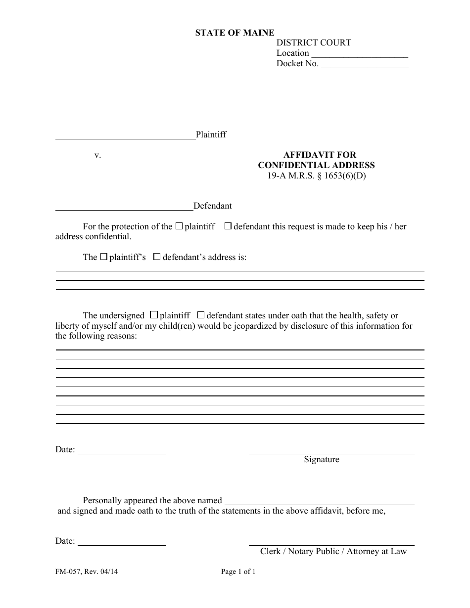 Form FM-057 Affidavit for Confidential Address - Maine, Page 1
