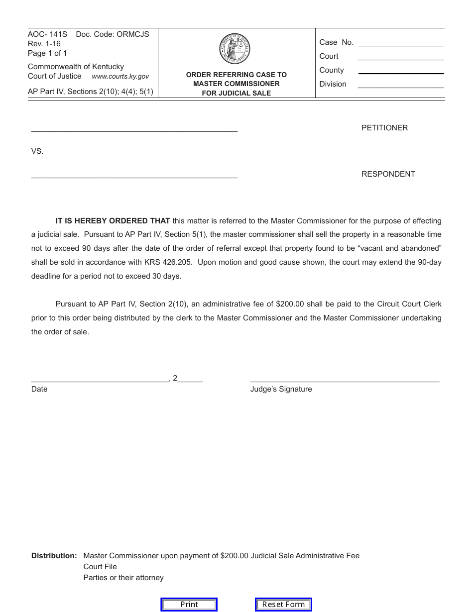 Form AOC-141S Order Referring Case to Master Commissioner for Judicial Sale - Kentucky, Page 1