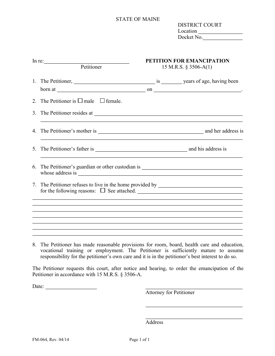 Form FM-064 Petition for Emancipation - Maine, Page 1