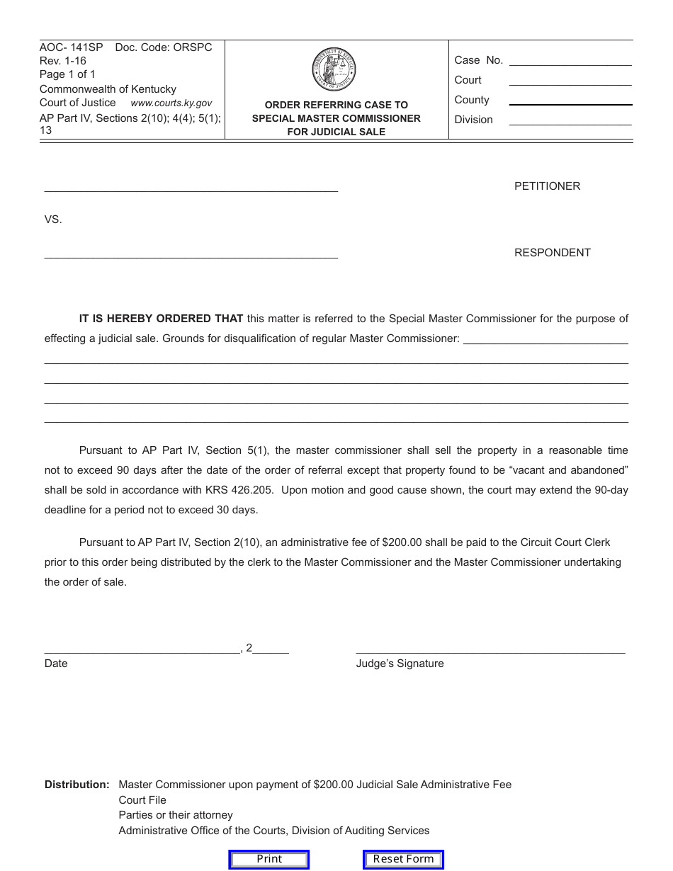 Form AOC-141SP Order Referring Case to Special Master Commissioner for Judicial Sale - Kentucky, Page 1