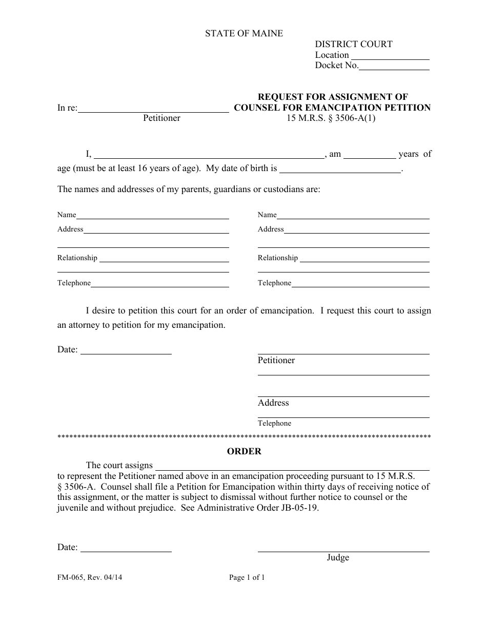 Form FM-065 Request for Assignment of Counsel for Emancipation Petition - Maine, Page 1