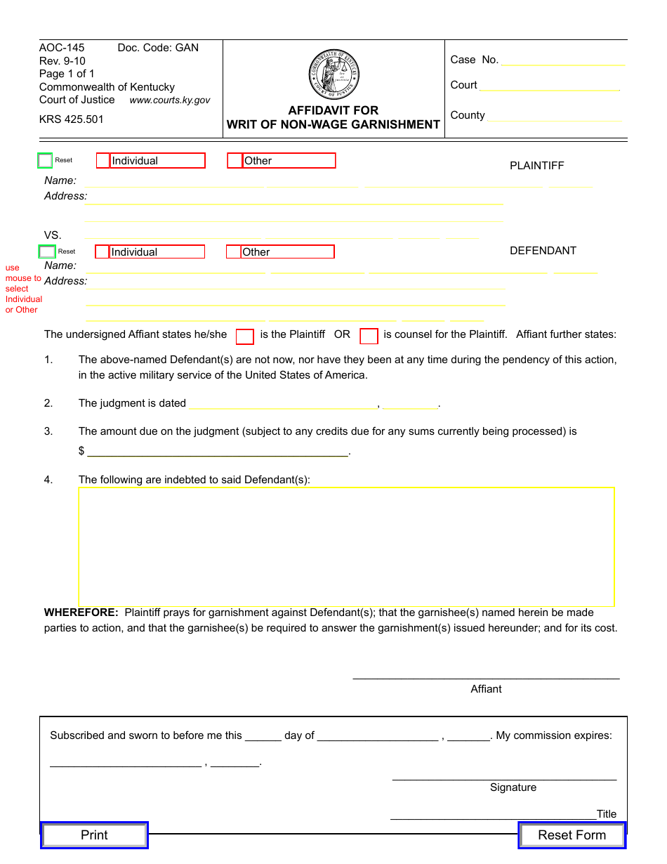 Form AOC-145 Affidavit for Writ of Non-wage Garnishment - Kentucky, Page 1