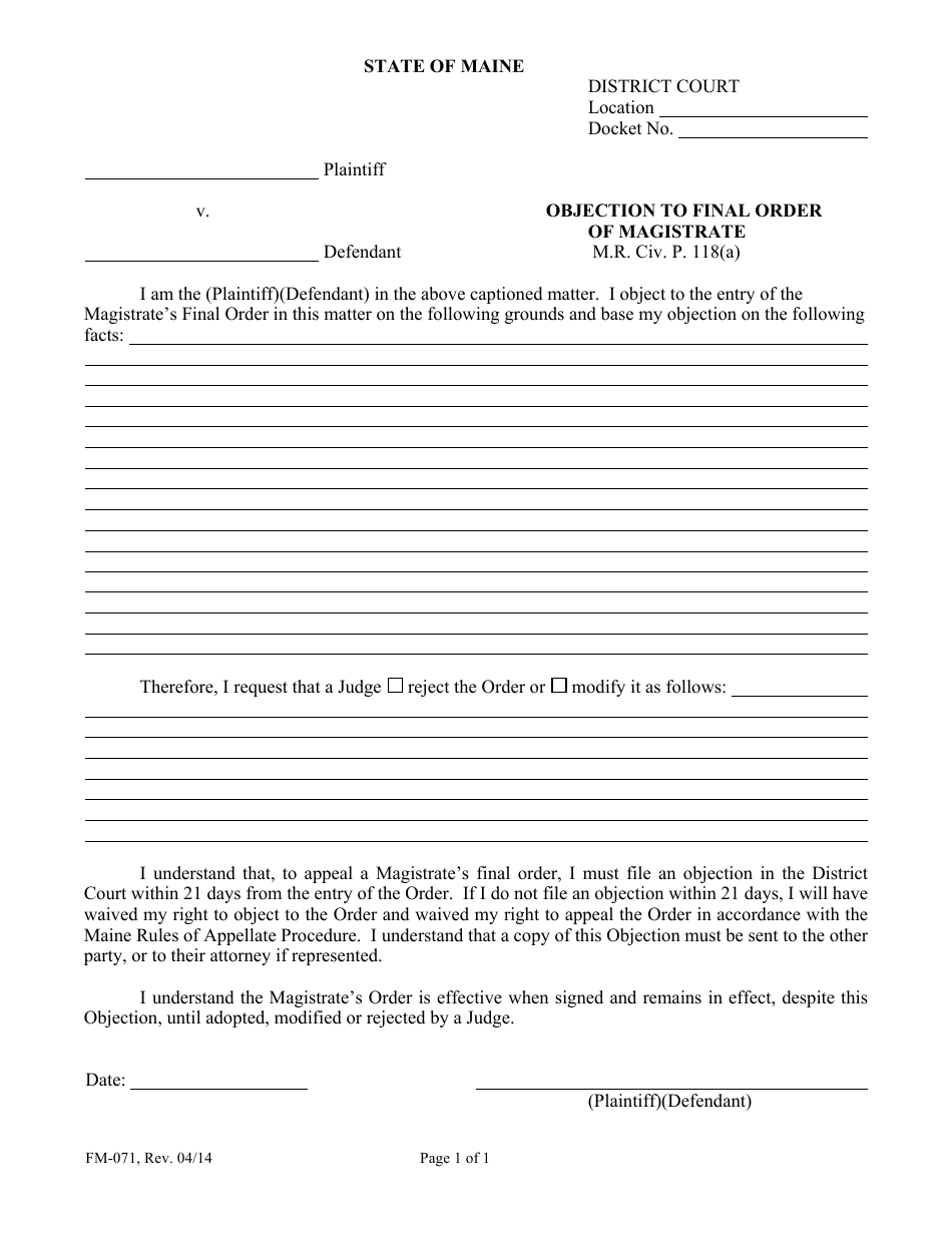 Form FM-071 Objection to Final Order of Magistrate - Maine, Page 1