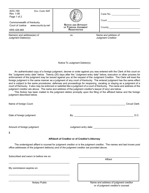 Form AOC-160 Notice and Affidavit of Foreign Judgment Registration - Kentucky