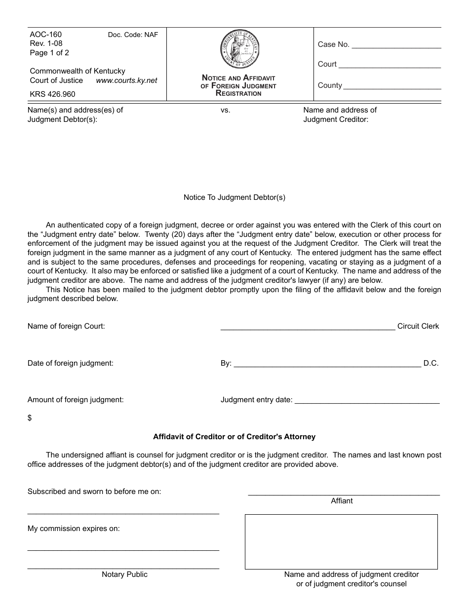 Form AOC-160 Notice and Affidavit of Foreign Judgment Registration - Kentucky, Page 1