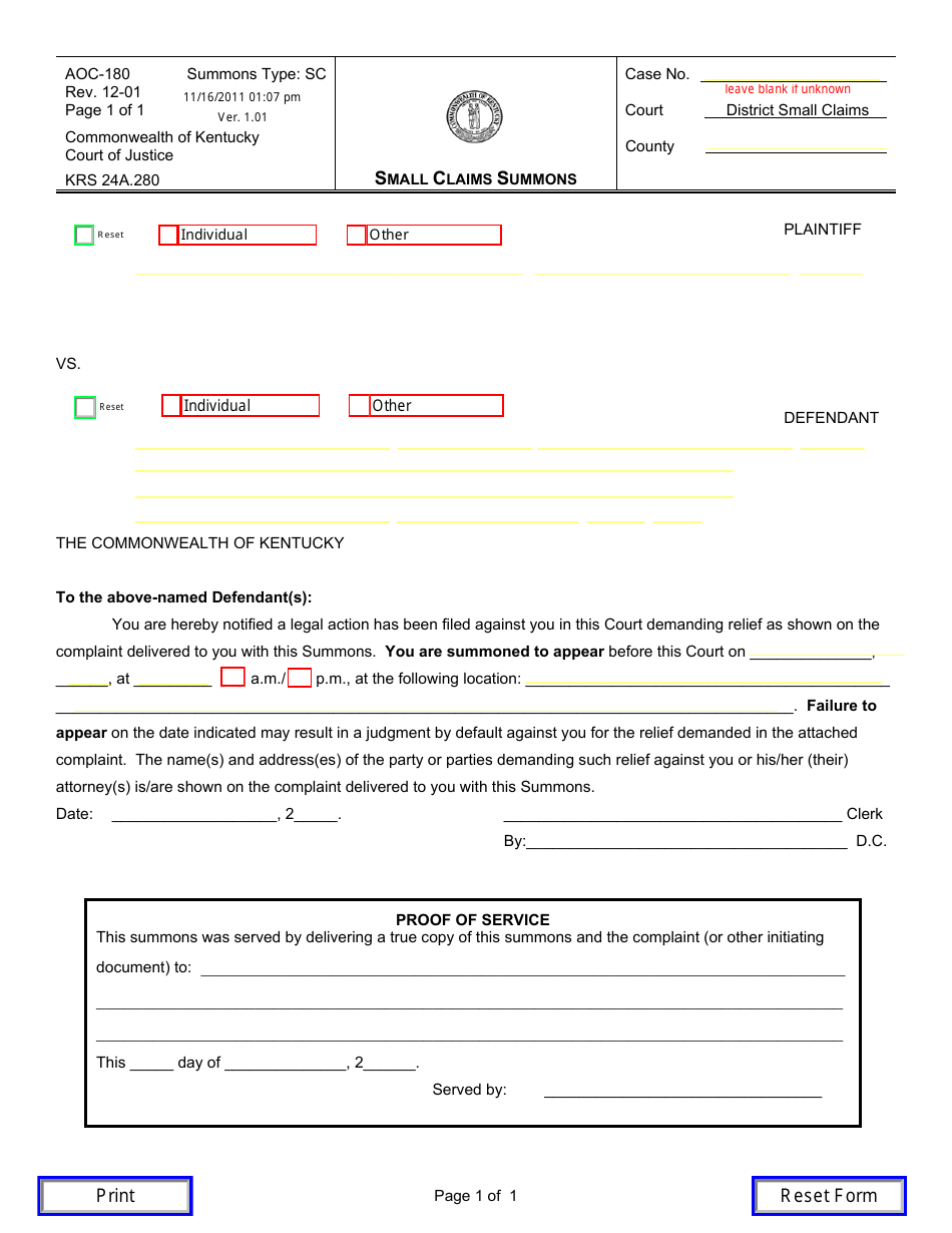 Form AOC-180 Small Claims Summons - Kentucky, Page 1