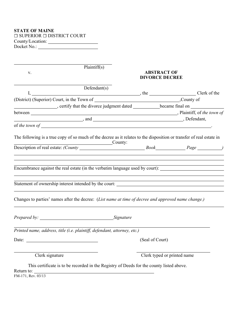 Form FM-171 Abstract of Divorce Decree - Maine, Page 1