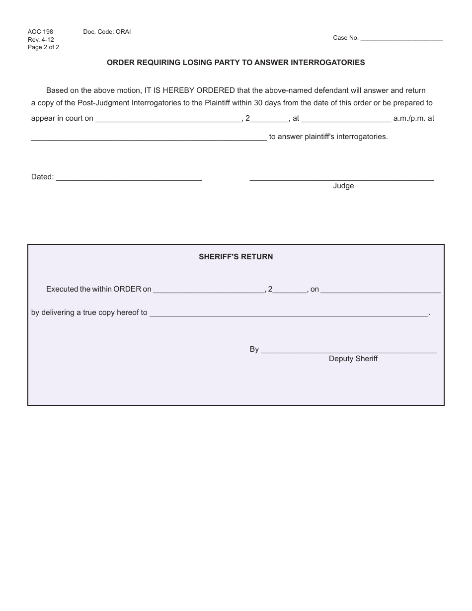 Form AOC-198 Small Claims Post-judgment Motion / Order Requiring Losing Party to Answer Interrogatories - Kentucky, Page 2