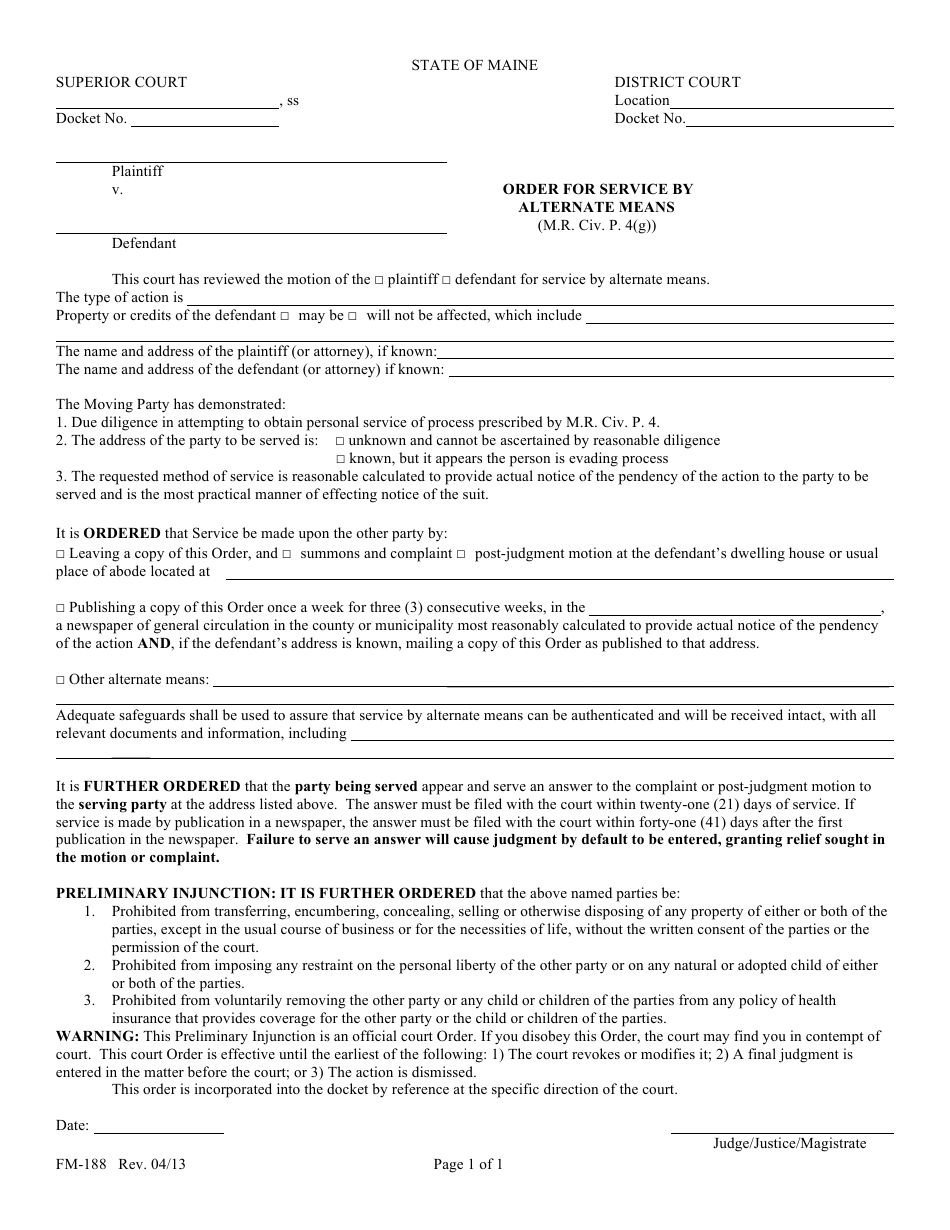 Form FM-188 Order for Service by Alternate Mean - Maine, Page 1