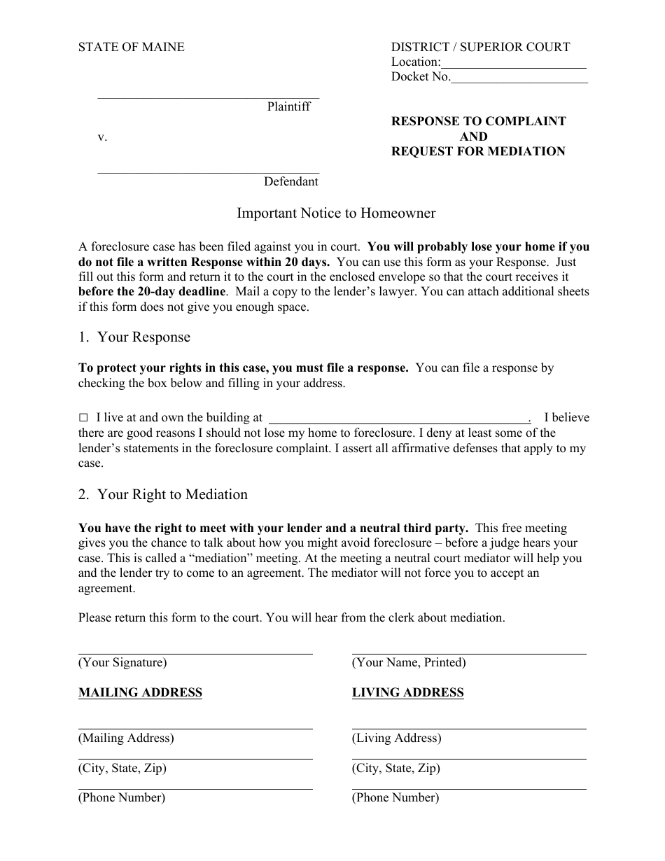 Maine Response to Complaint and Request for Mediation - Fill Out, Sign ...