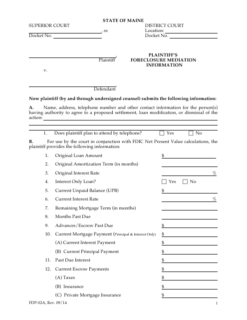 Form FDP-02A Plaintiff&#039;s Foreclosure Mediation Information - Maine