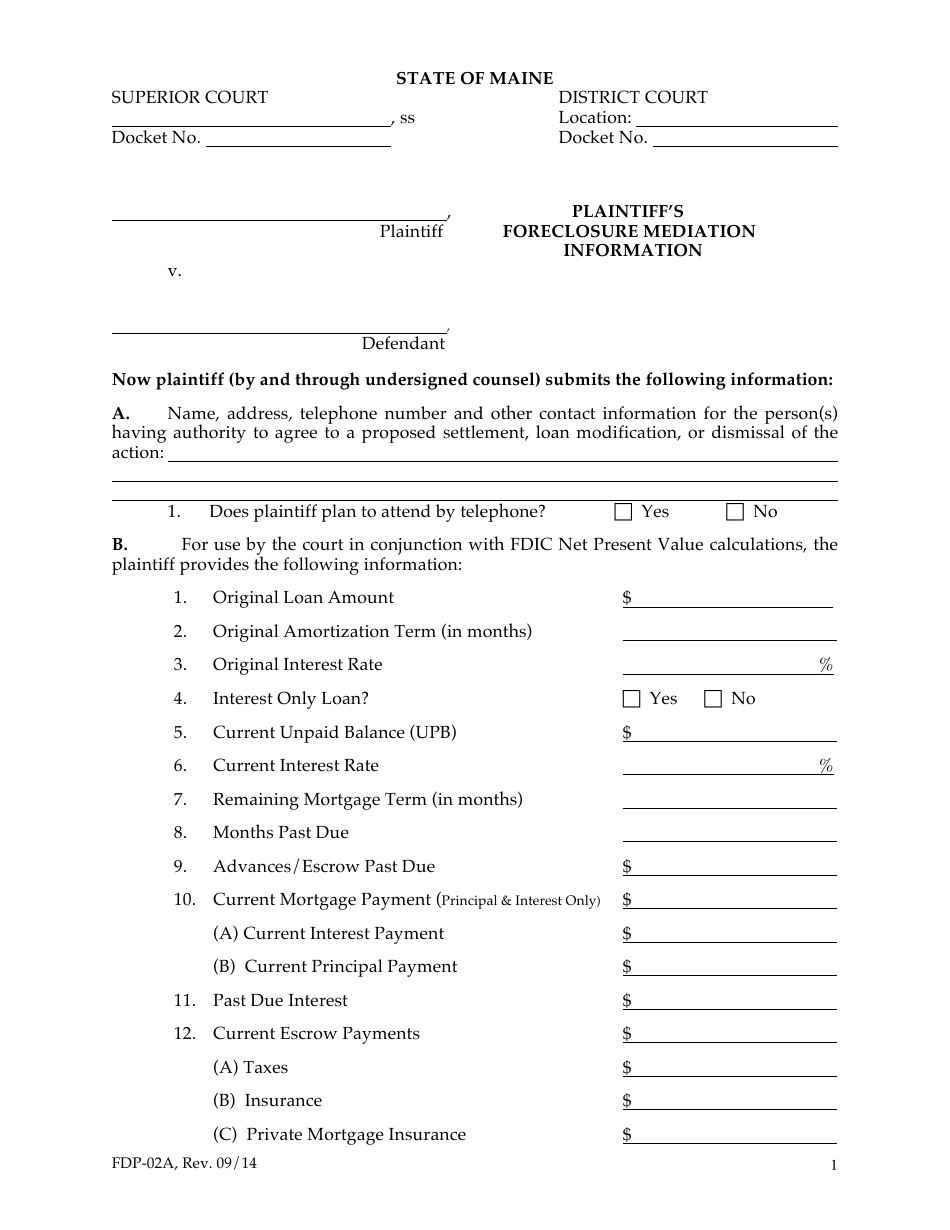 Form FDP-02A Plaintiffs Foreclosure Mediation Information - Maine, Page 1
