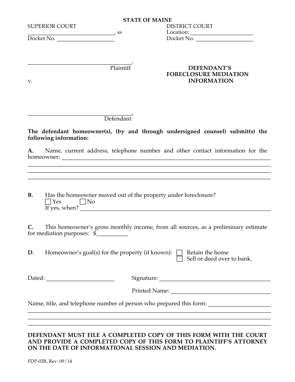Form FDP-02B Defendant's Foreclosure Mediation Information - Maine, Page 1