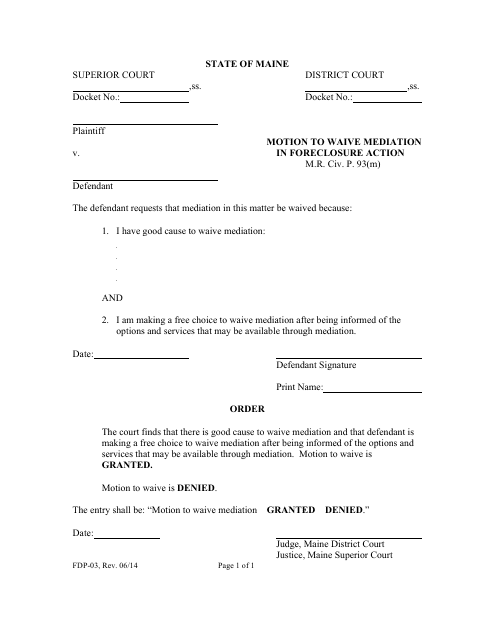 Form FDP-03 Motion to Waive Mediation in Foreclosure Action - Maine