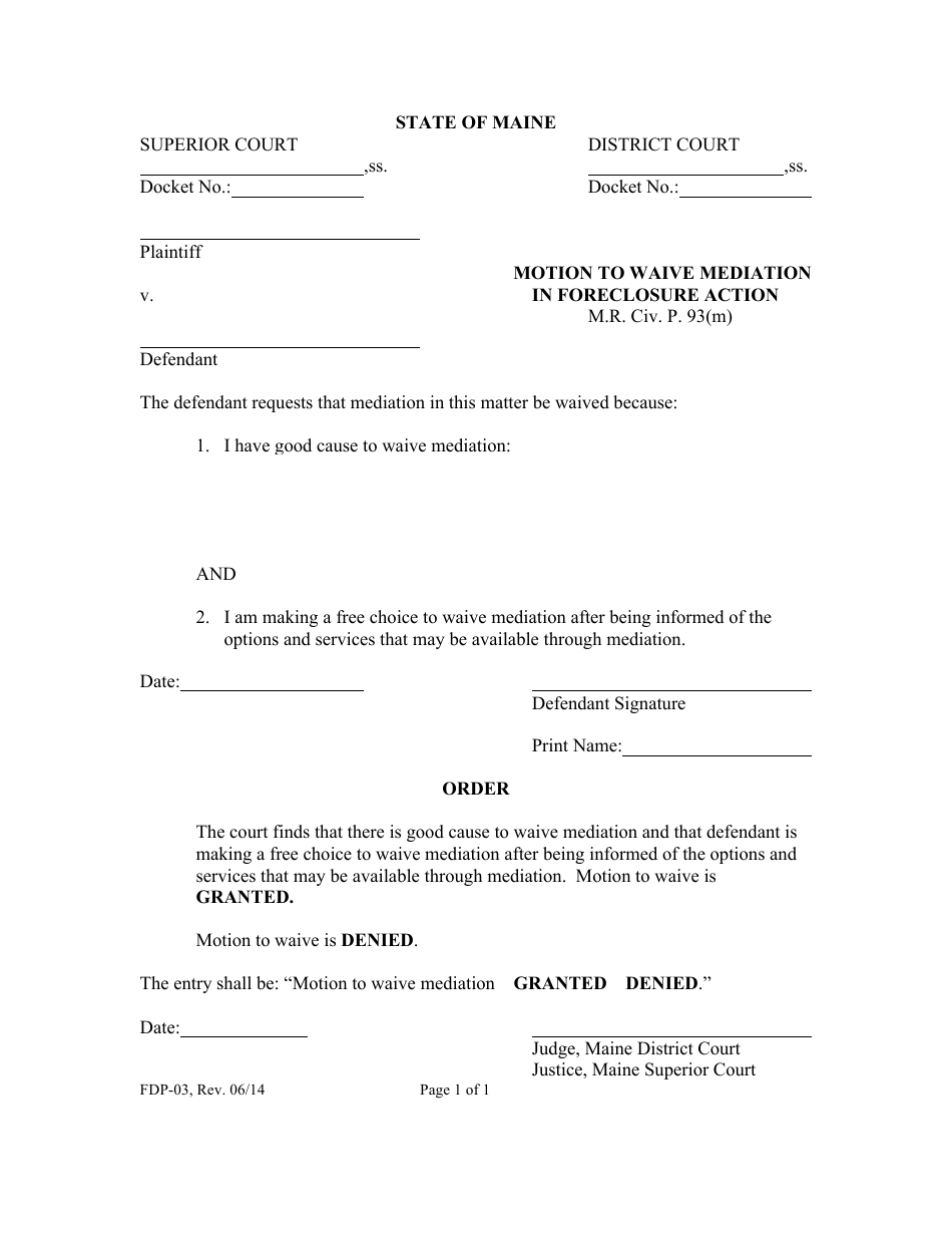 Form FDP-03 Motion to Waive Mediation in Foreclosure Action - Maine, Page 1