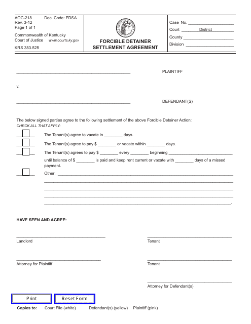 Form AOC-218 Forcible Detainer Settlement Agreement - Kentucky