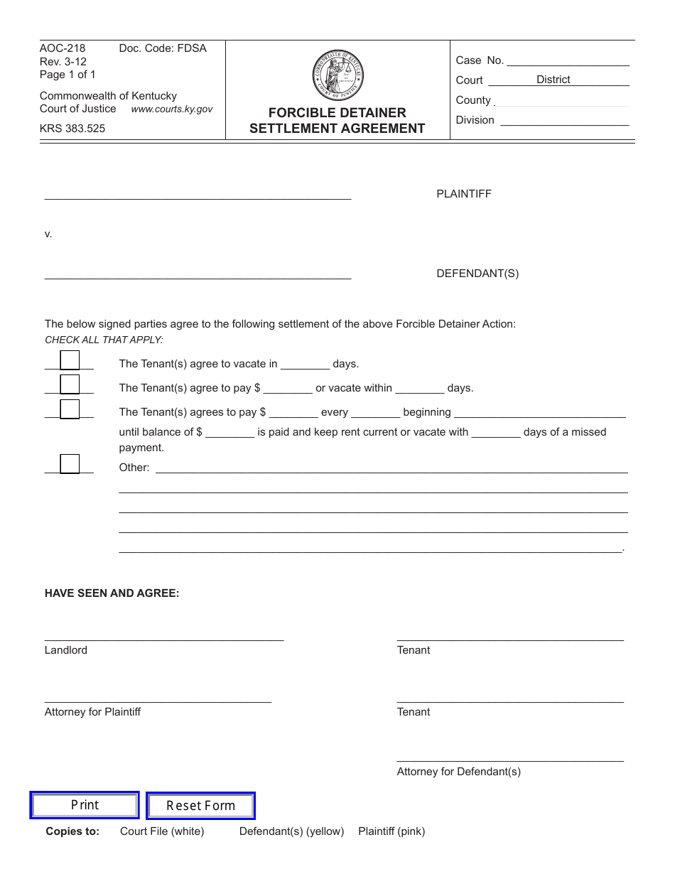 Form AOC-218 Forcible Detainer Settlement Agreement - Kentucky, Page 1
