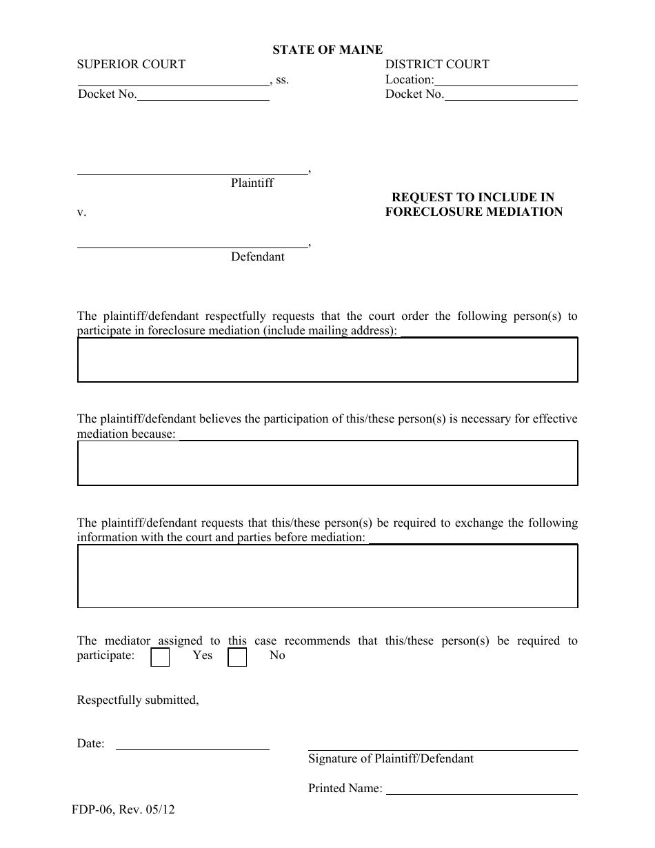 Form FDP-06 Request to Include in Foreclosure Mediation - Maine, Page 1