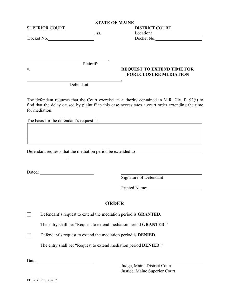Form FDP-07 Request to Extend Time for Foreclosure Mediation - Maine, Page 1