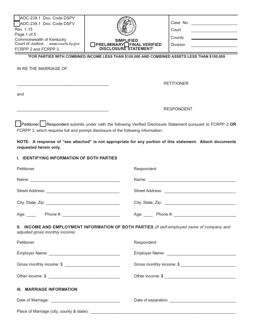 Form AOC-238.1 (AOC-239.1) Simplified / Preliminary / Final Verified Disclosure Statement - Kentucky