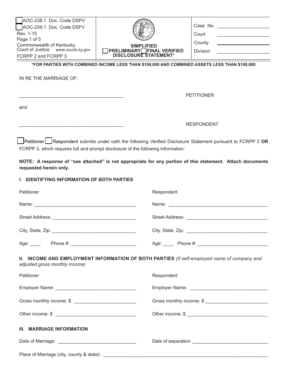 Form AOC-238.1 (AOC-239.1) Simplified / Preliminary / Final Verified Disclosure Statement - Kentucky, Page 1
