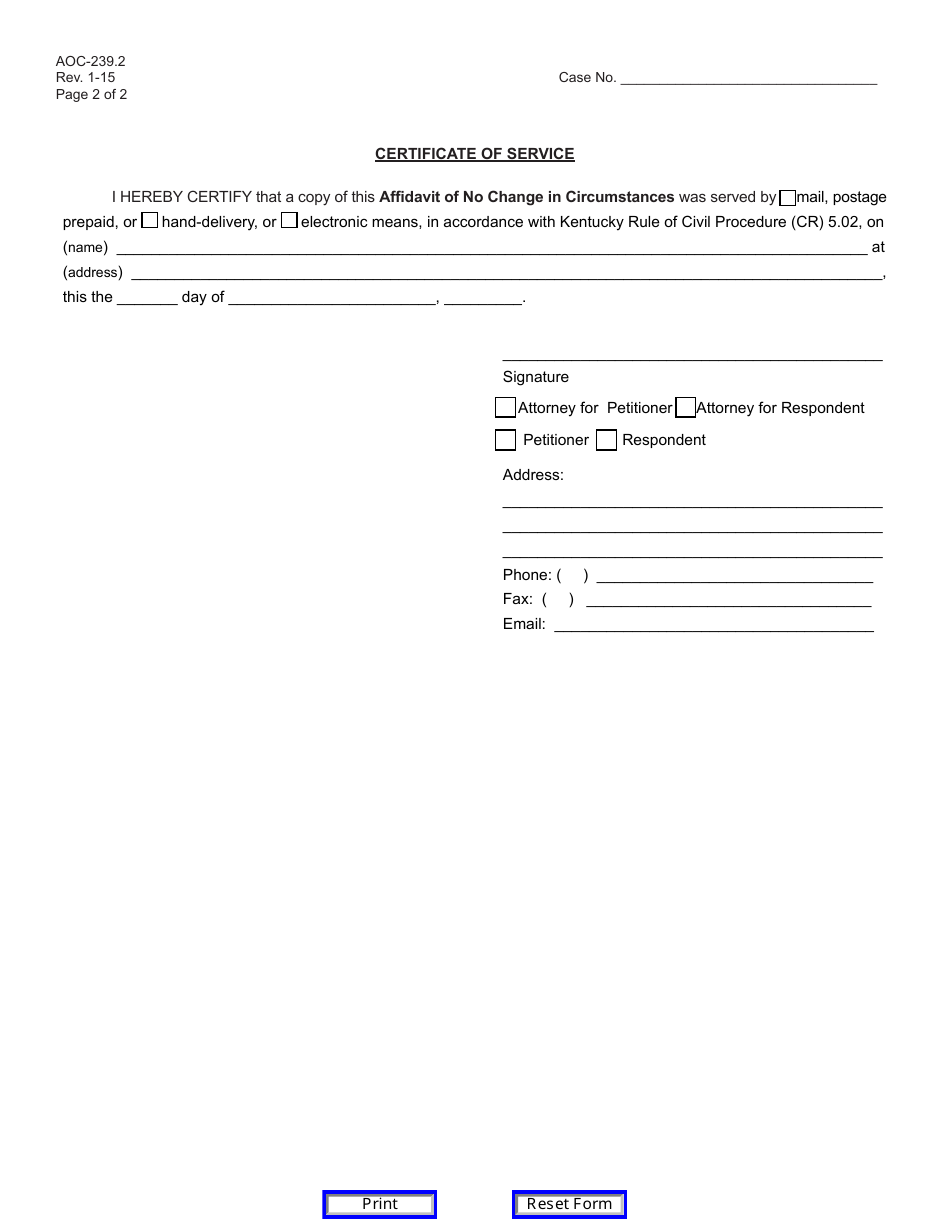 Form AOC-239.2 Affidavit of No Change in Circumstances Requiring the Filing of a Final Verified Disclosure Statement - Kentucky, Page 2