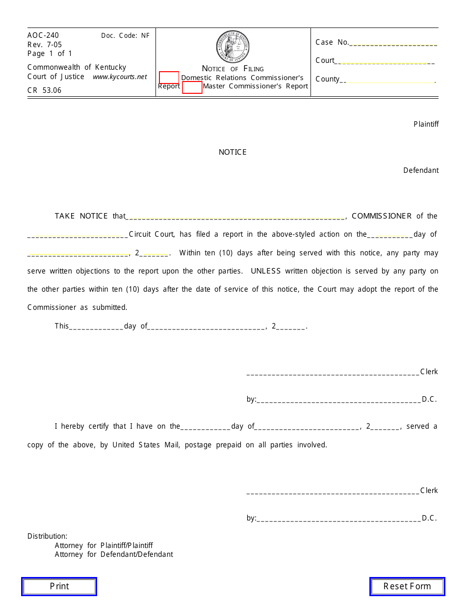 Form AOC-240 Notice of Filing Domestic Relations Commissioners Report / Master Commissioners Report - Kentucky, Page 1