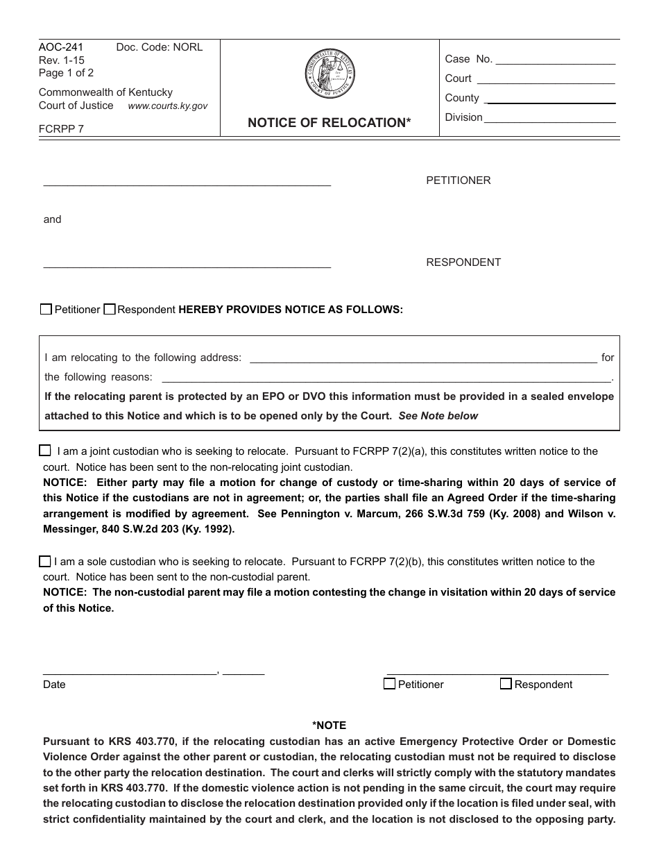 Form AOC-241 Notice of Relocation - Kentucky, Page 1